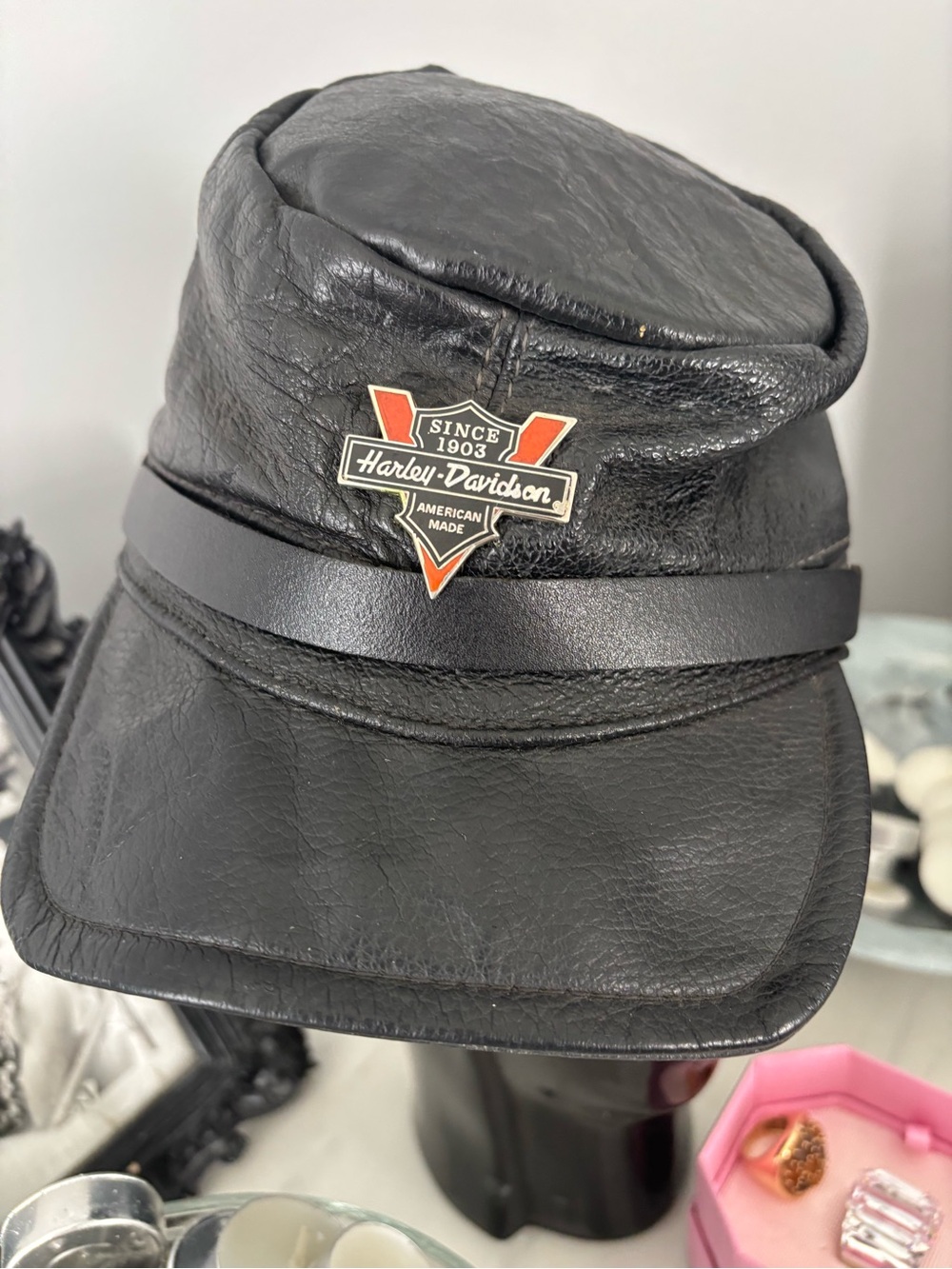 Harley-Davidson Black Leather Military Style Cap with Orange Logo vintage 1960s